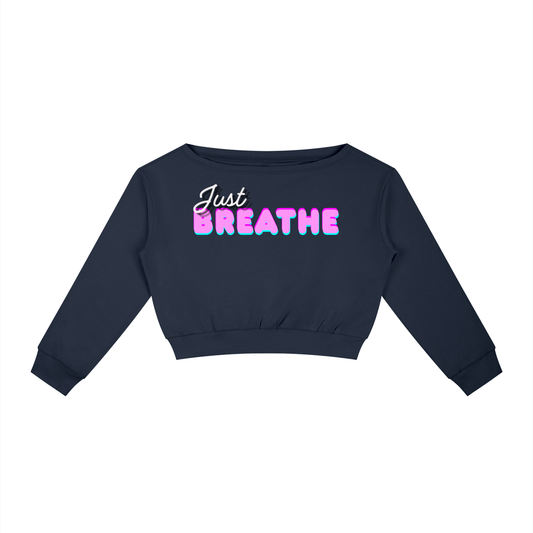 Dámska mikina s odhalenými ramenami s  potlačou Just Breathe