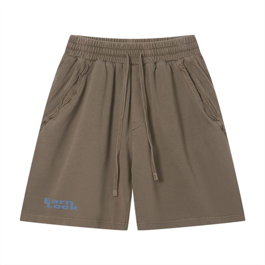 Unisexové vintage šortky s raw edge efektom s autorskou potlačou Earn the Look