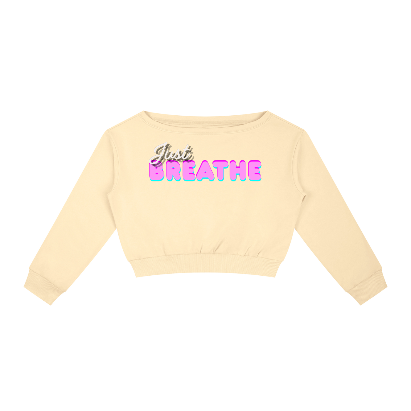 Dámska mikina s odhalenými ramenami s autorskou potlačou Just Breathe